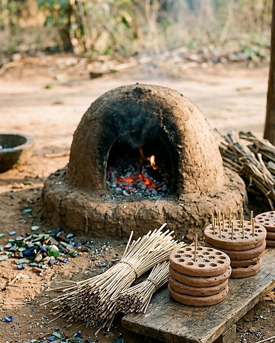 Horno de barro artesanal con brasas encendidas, usado para fundir las cuentas de vidrio reciclado de Krobo, junto a los moldes de arcilla y los atados de fibra vegetal que forman el agujero de cada cuenta