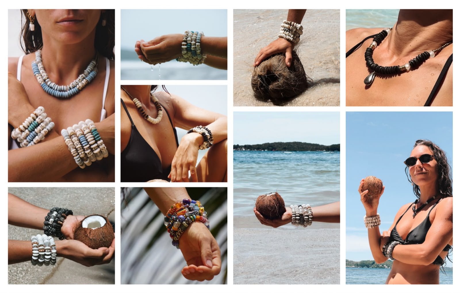 Collage de fotos usando pulseras y collares Belai en la playa, con un coco, en tonos blanco y hueso
